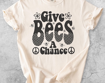 Camiseta "Dale una oportunidad a las abejas", camiseta retro con estampado de panal, camiseta hippie con el símbolo de la paz, regalo para amantes de la naturaleza y polinizadores, camiseta "Salva la Tierra".