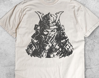 Camiseta de guerrero samurái, camiseta de armadura vintage con estilo de tinta a pincel, camiseta de leyenda del dojo japonés con casco de batalla de artes marciales