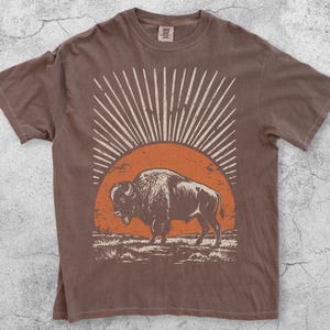 May include: A brown short-sleeve t-shirt featuring a graphic print of a bison standing in front of a large orange sun with radiating white lines. The shirt has a crew neckline and a label at the inner collar. The word Espresso is printed below.