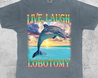 Live Laugh Lobotomie Lustiges T-Shirt, Edgy Dark Humor Delphin Meme T-Shirt, Retro Vintage Ozean Parodie Grafik Shirt, Y2K 90er Jahre Stil Top, Knebelgeschenk