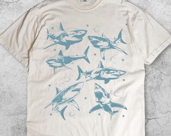 Vintage Shark Tattoo Style T-Shirt, Retro Ocean Wildlife Graphic Tee, Marine Animal Lover Shirt, Y2K Sea Life Top, 90s Aesthetic Streetwear