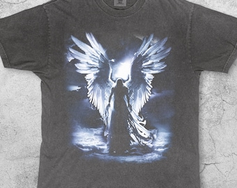 Y2K-änglavingar Vintage-T-shirt, Mörk fantasihimmel Grafisk T-shirt, Retro Gotisk Ängelskjorta, Celestial Spiritual Sky Art Mytisk Topp