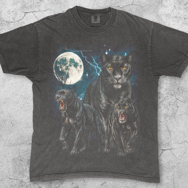 Black Panther Moon Vintage 90s T-Shirt, Jungle Cat Retro Shirt, Lightning Big Cat Graphic Animal Tee, Grunge Aesthetic Unisex Gift