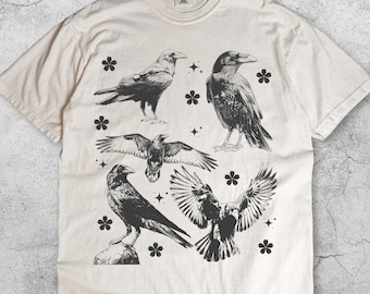 Ravens Tattoo Style Vintage T-Shirt, Gothic Crow Graphic Tee, Dark Bird Nature Shirt, Retro 90s Witchcore Fantasy Top, Mystic Wildlife Gift