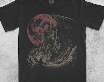 Medieval Dragon Castle Fantasy T-Shirt, Vintage Gothic Graphic Tee, Retro Dark Art 90s Shirt, Mythical Creature Top, Horror Grunge Gift
