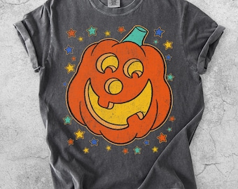Camiseta vintage de calabaza de los 90, camiseta de calabaza sonriente, camiseta retro de Halloween, estampado de dibujos animados, regalo para fiesta de truco o trato, temporada espeluznante