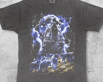 Howling Wolves Moon Lightning T-Shirt, Vintage Wolf Pack Tee, Retro Graphic Nature Shirt, Wild Animal Lover Gift, Y2K Grunge Streetwear Top