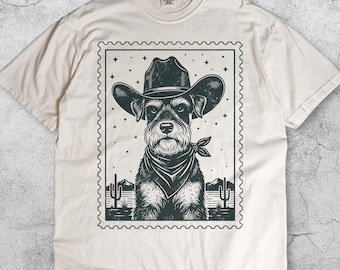 Retro Cowboy Schnauzer Stamp T-Shirt, Vintage Western Dog Graphic Tee, Cute Ranch Pup Shirt, Country Rodeo Gift, Y2K Animal Lover Top