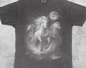Three Wild Horses Vintage 90s T-Shirt, Retro Moon Graphic Tee, Galloping Animal Shirt, Y2k Naturecore Wildlife Top, Running Herd Horse Gift