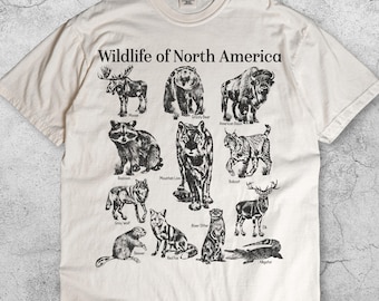 Maglietta vintage con animali selvatici del Nord America, maglietta grafica retrò con alci, orsi, bisonti, lupi e procioni, regalo unisex in stile Naturecore.