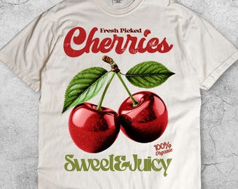 Retro Cherries Commercial T-Shirt, Vintage Cherry Fruit Graphic Tee, Cottagecore Aesthetic Shirt, Y2K Foodie Apparel, 90s Style Gift
