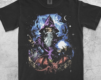 Wizard & Dragon Vintage 90s Fantasy T-Shirt, Retro Gothic Magic Sorcery Tee, Enchanted Medieval Mystic Graphic Shirt, Mystical Wizard Gift