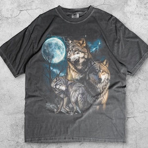 Three Wolves Moon Vintage 90s T-Shirt, Retro Nature Wildlife Graphic Tee, Wolf Lover Shirt, Y2K Aesthetic Animal Top, 90s Wild Spirit Gift