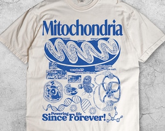Mitochondriën vintage wetenschap T-shirt, retro biologie grafisch T-shirt, jaren 90 academisch celdiagram shirt, top geek lab humor, STEM-leercadeau