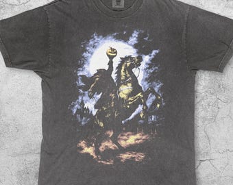 Headless Horseman Vintage 90s T-Shirt, Retro Halloween Gothic Horror Graphic Tee, Haunted Pumpkin Rider Shirt, Dark Fantasy Horse Moon Gift