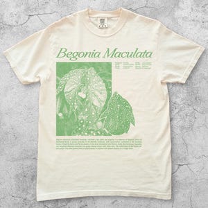 May include: Ivory-colored t-shirt featuring a green graphic of a Begonia Maculata plant. The design includes the plant's name and botanical details. The shirt is made of a soft material and is suitable for casual wear.
