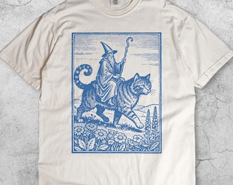 Camiseta vintage de mago jinete de gato, camiseta gráfica de fantasía retro, camiseta de hechicero medieval, camiseta divertida de meme de gato, regalo de arte oscuro de hadas