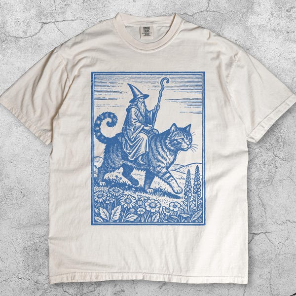 Wizard Cat Rider Vintage T-Shirt, Retro Fantasy Graphic Tee, Medieval Sorcerer Shirt, Funny Cat Meme Top, Dark Art Fairycore Gift