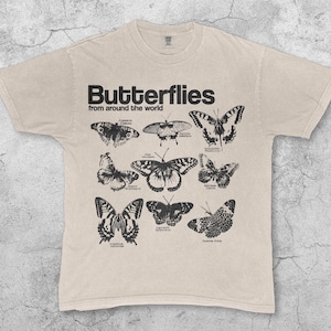 Butterflies Infographic Vintage T-Shirt, Retro Around The World Insect Species Graphic Tee, Naturecore  90s Butterfly Shirt, Science Gift