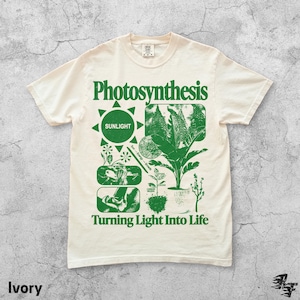 Op de afbeelding: Ivoor T-shirt met een groen grafisch ontwerp met het woord "Photosynthesis" en illustraties van planten, de zon en de tekst "Turning Light Into Life". Het shirt heeft korte mouwen en een ronde hals.