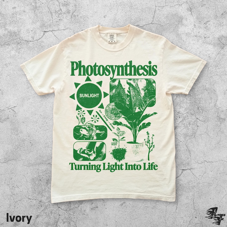 Op de afbeelding: Ivoor T-shirt met een groen grafisch ontwerp met het woord "Photosynthesis" en illustraties van planten, de zon en de tekst "Turning Light Into Life". Het shirt heeft korte mouwen en een ronde hals.
