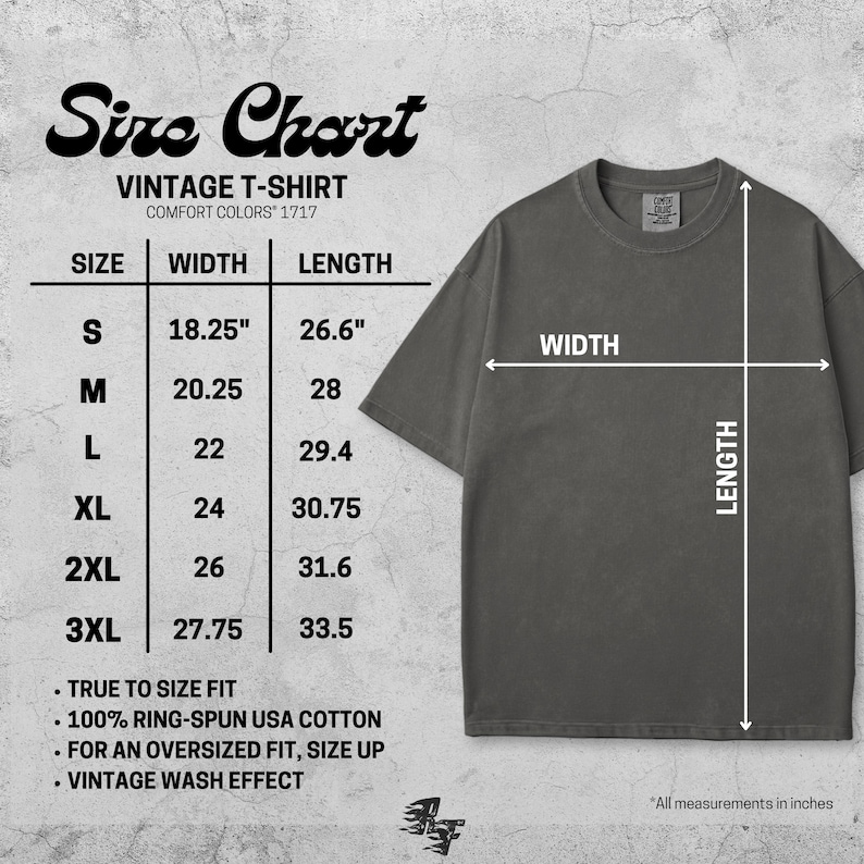 Puede incluir: Tabla de tallas para una camiseta vintage, con medidas en pulgadas. La tabla incluye tallas de la S a la 3XL, con dimensiones de ancho y largo. La camiseta es de color gris oscuro, con efecto lavado vintage.