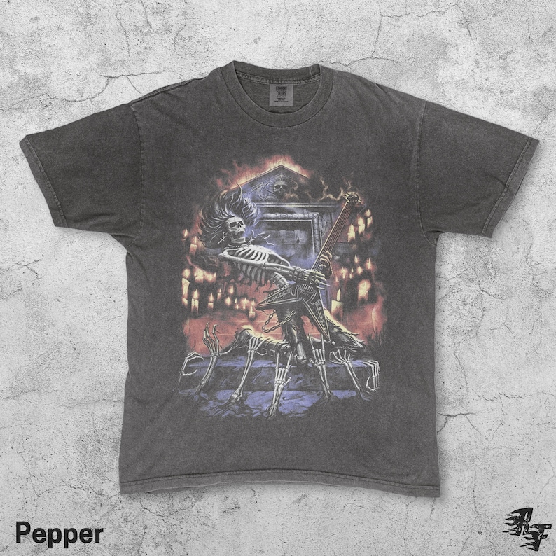 Skeleton Guitarist Rock Vintage 90s T-Shirt, Gothic Band Graveyard Tee, Retro Graphic Shirt, Dark Fantasy Y2K Top, Music Unisex Style