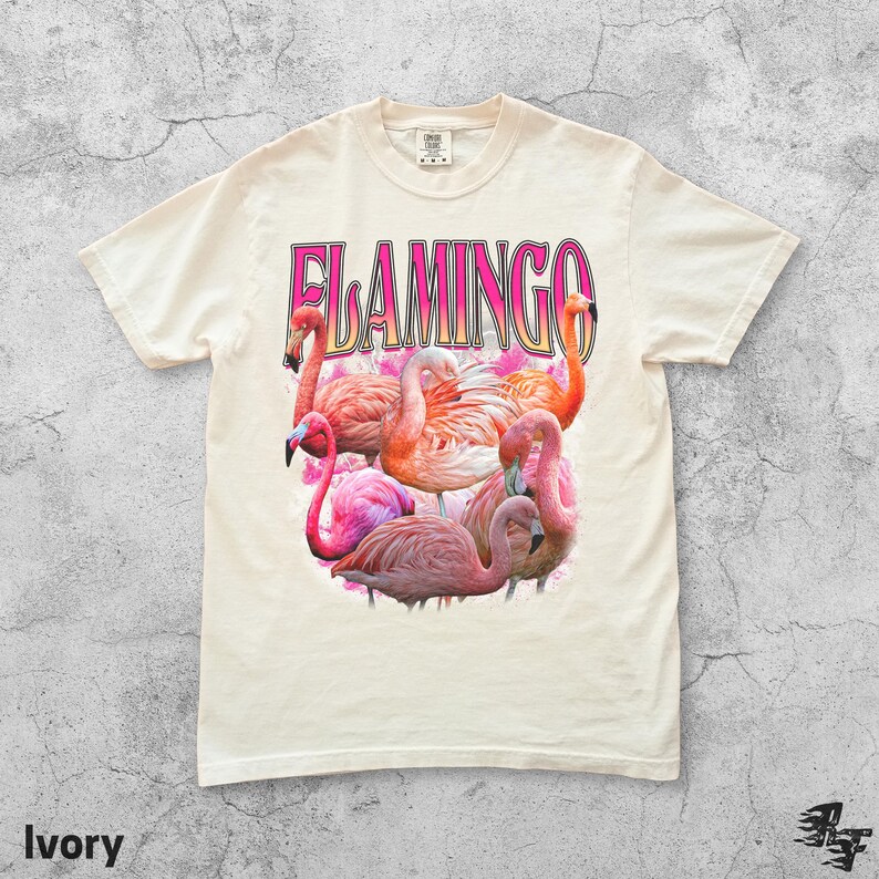 May include: Ivory-colored t-shirt featuring a graphic of several pink flamingos with the word "FLAMINGO" in pink and gold lettering. The shirt is a crew neck and has short sleeves.