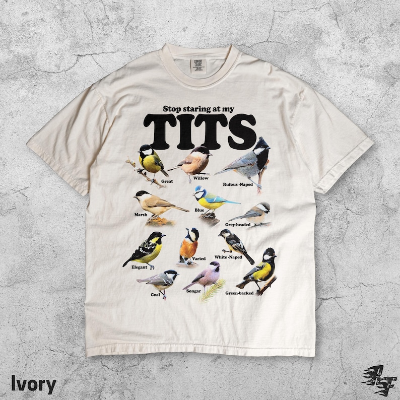 May include: Ivory t-shirt featuring the phrase "Stop staring at my TITS" and illustrations of various birds. The birds are labelled with names such as "Great", "Willow", and "Blue".