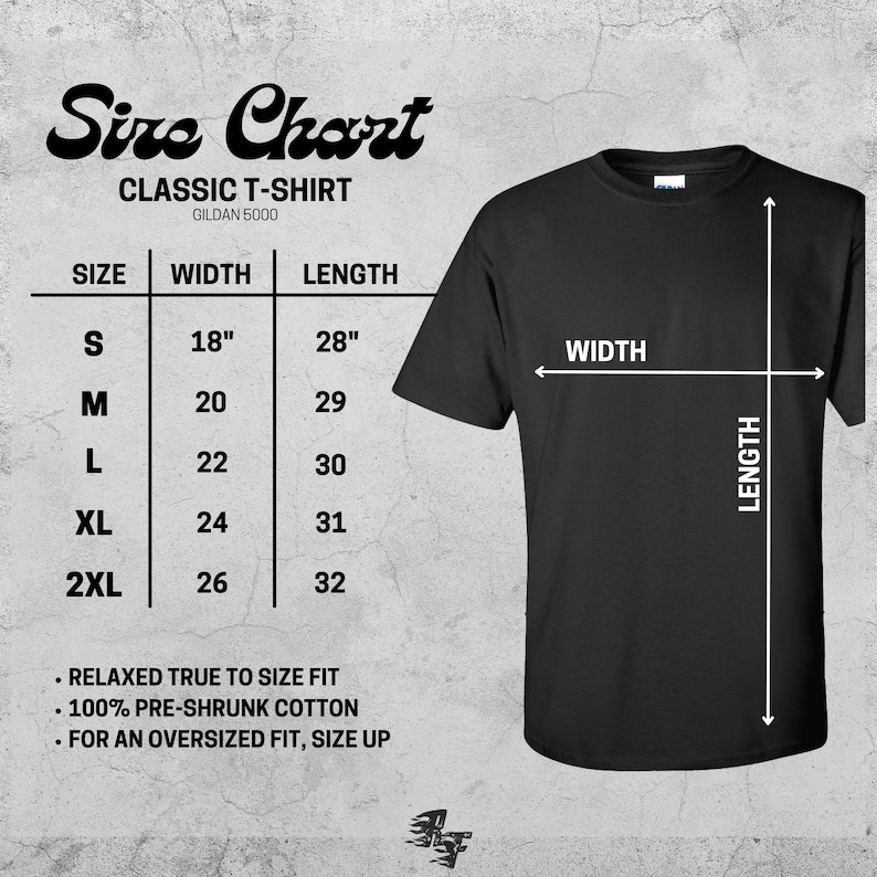 May include: A black Gildan 5000 classic t-shirt with a size chart. The chart shows measurements for sizes S to 2XL, with widths from 18" to 26" and lengths from 28" to 32". The shirt is made of 100% pre-shrunk cotton.