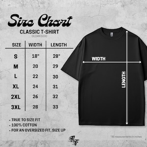 Puede incluir: Camiseta negra cl&aacute;sica Gildan 5000 con una tabla de tallas. La tabla muestra medidas en pulgadas para las tallas S a 3XL. El ancho de la camiseta var&iacute;a de 45.7 cm a 71.1 cm, y el largo de 71.1 cm a 83.8 cm.