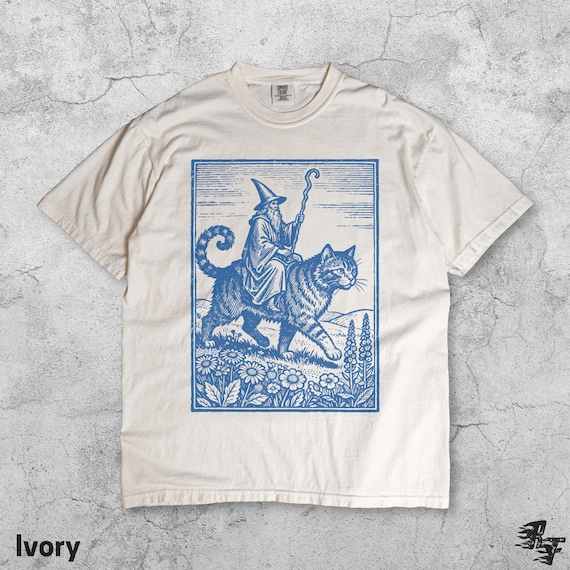 Wizard Cat Rider Vintage T-Shirt, Retro Fantasy Graphic Tee, Medieval Sorcerer Shirt, Funny Cat Meme Top, Dark Art Fairycore Gift