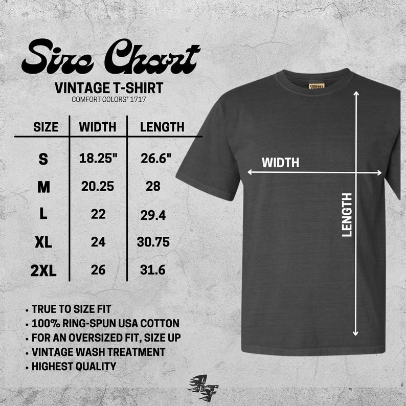 May include: A charcoal gray vintage t-shirt with a size chart. The chart lists sizes S to 2XL, with width and length measurements in inches. The shirt is made of 100% ring-spun USA cotton and has a vintage wash treatment.