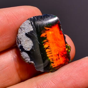 May include: A raw, unpolished opal gemstone featuring a dark, glossy black base with a vibrant, fiery orange and red play-of-color. One side of the stone retains a rough, grey, textured rock matrix, while the other side is smooth and polished.