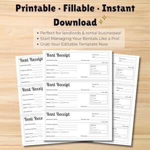 Editable RENT Receipt Template PDF | Printable Rental Payment Receipt | Landlord Tenant Receipt | Instant Download | Fillable Rental Form