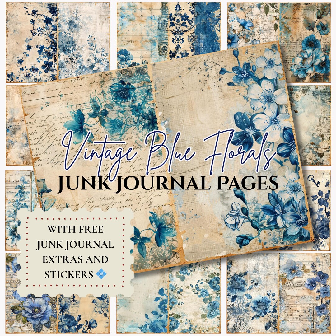 Vintage Blue Floral Junk Journal Kit: Printable Ephemera & Stickers ...