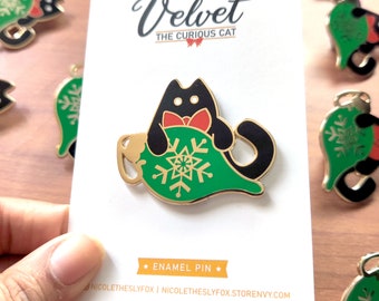 Velvet The Curious Cat - Ornament: Holiday Enamel Pin, Lapel Pin Gift