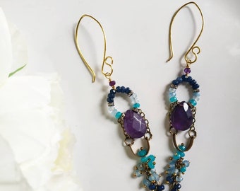 Boho style earrings, rustic,long earrings, gemstone jewelry, amethyst earrings