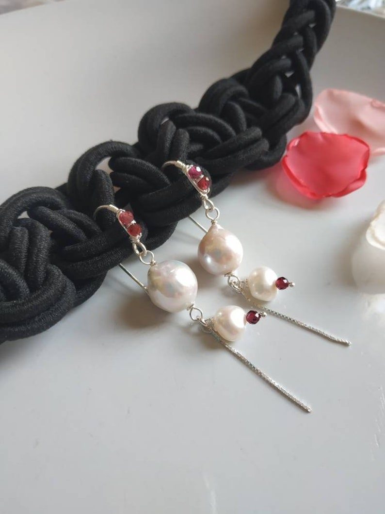 gemstone jewelry Bridal pearl earrings small dangle earrings bridal jewellery garnet and pearl