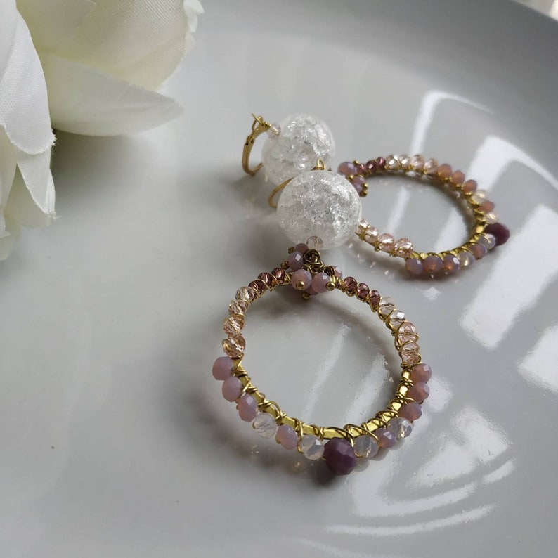 gemstone jewelry,boho hoops Czech glass,wire wrapped earrings Crystal quartz hoop earrings