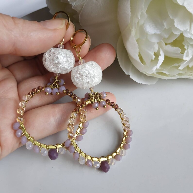 gemstone jewelry,boho hoops Czech glass,wire wrapped earrings Crystal quartz hoop earrings