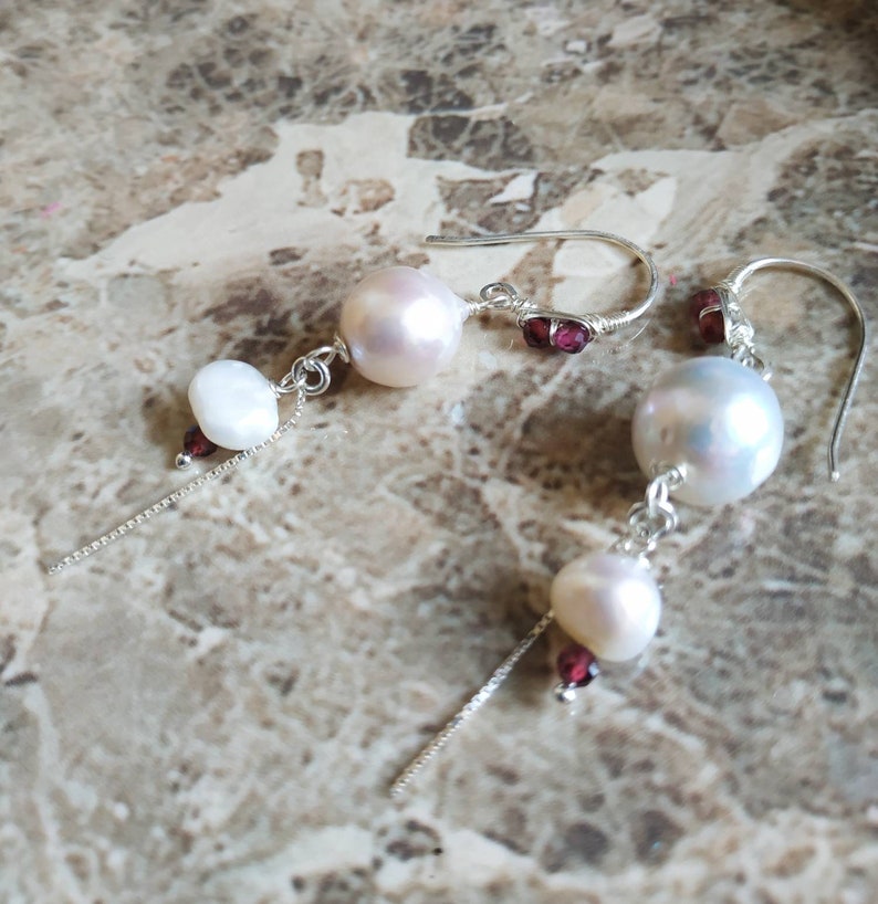 gemstone jewelry Bridal pearl earrings small dangle earrings bridal jewellery garnet and pearl