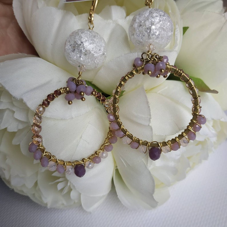 gemstone jewelry,boho hoops Czech glass,wire wrapped earrings Crystal quartz hoop earrings
