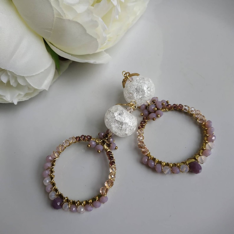 gemstone jewelry,boho hoops Czech glass,wire wrapped earrings Crystal quartz hoop earrings
