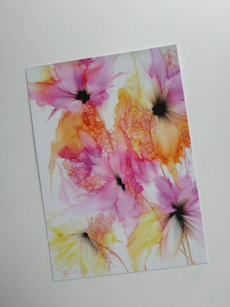 Set of 5 Flower Postcards Art Cards Bloomnjazz Alcohol Ink Etsy