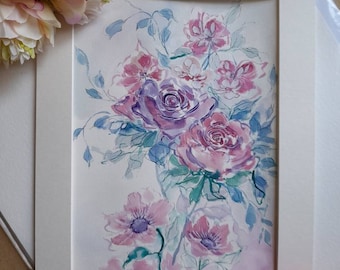 Original watercolor painting/watercolor roses/pink violet/watercolour flowers/flower wall art/wall decor/loose flower art/floral artwork
