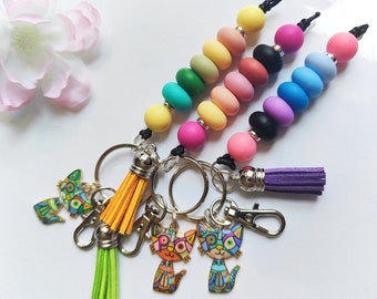 Cat keychain,silicone beaded keyring,beaded keychain,cat owner key charm,bag charm,valentine gift, stocking stuffers filler,silicone key fob