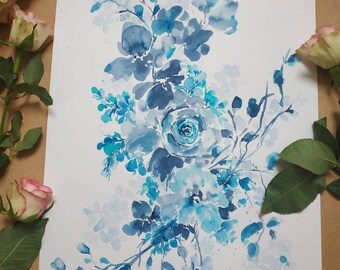 Blue watercolor flower painting,original colourful art,blue nursery wall art,rose illustration,hand painted petals,garden inspired painting,