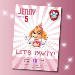 Paw-ty PAW PATROL SKYE Pink Birthday Invitation Editable Digital Birthday Party Invite Instant Download Template Skye Paw Patrol Invitation