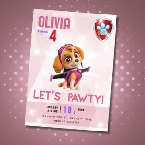 SKYE PAW PATROL Sparkling Pink Birthday Invitation for girls Editable Digital Birthday Party Invite Instant Download Template Paw Patrol